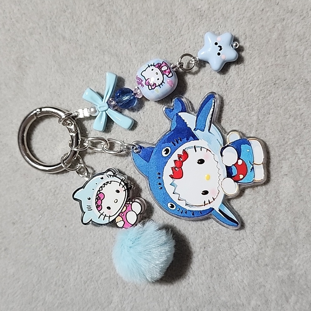 Cute Hello Kitty Blue Pom Pom Keychain with Charms